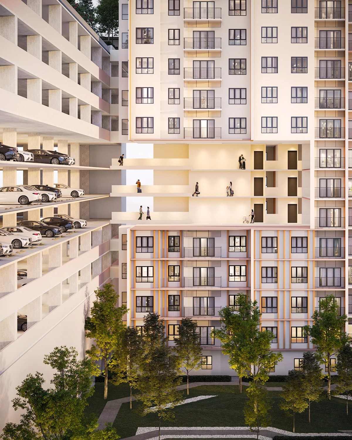 Parking levels with direct residence access
