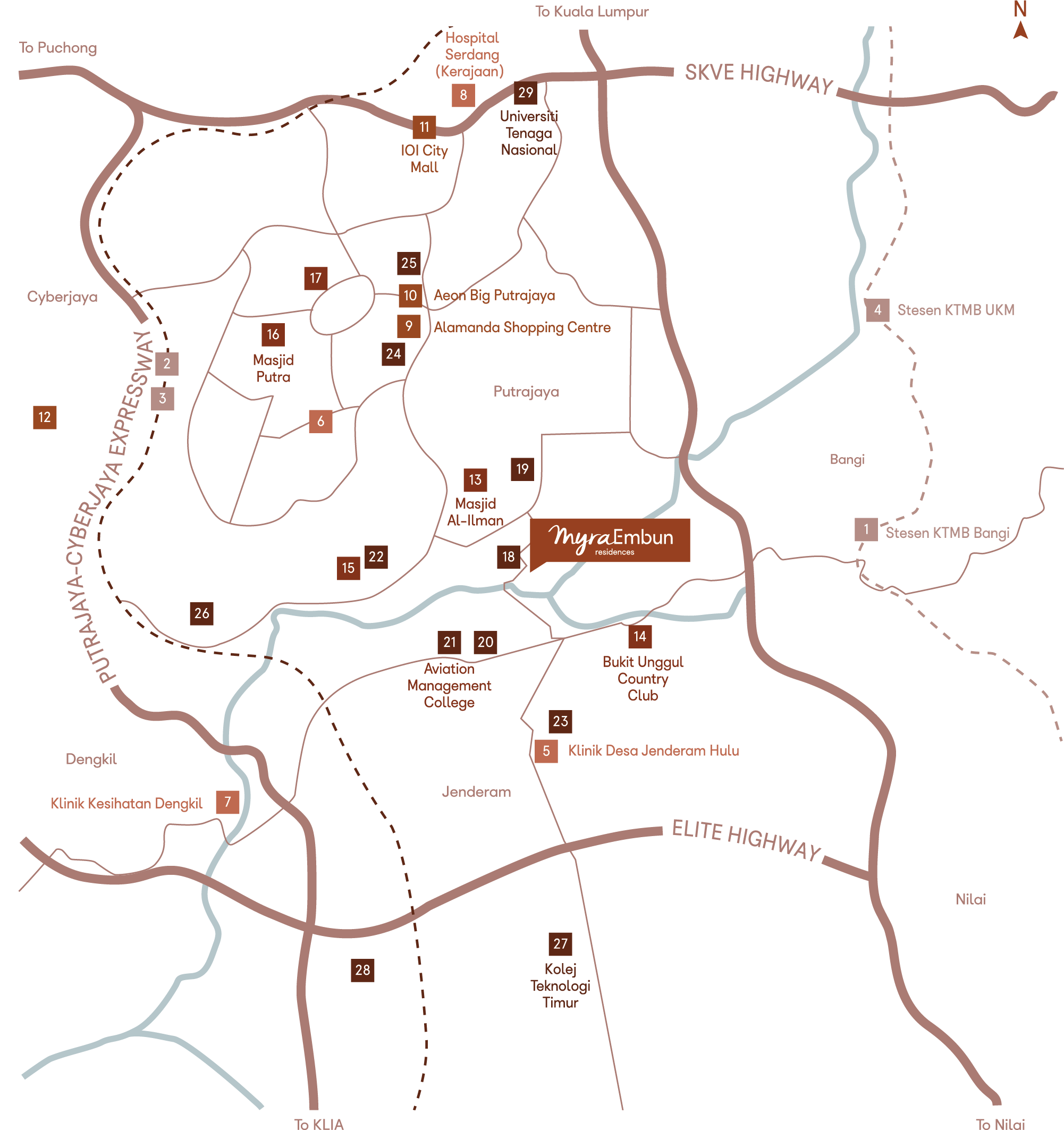 Map showing Myra Embun Residences and surrounding amenities